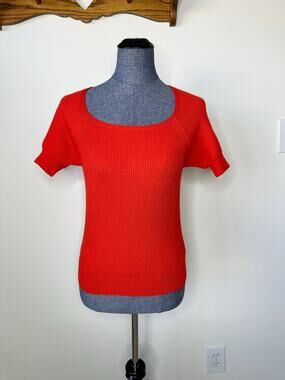 St John Coral Orange Ribbed Short Sleeve Sweater Size Small